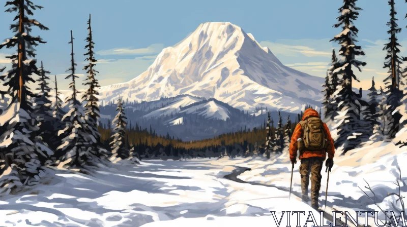 AI ART Snowy Forest Hiker Trekking Towards Snow-Capped Mountain