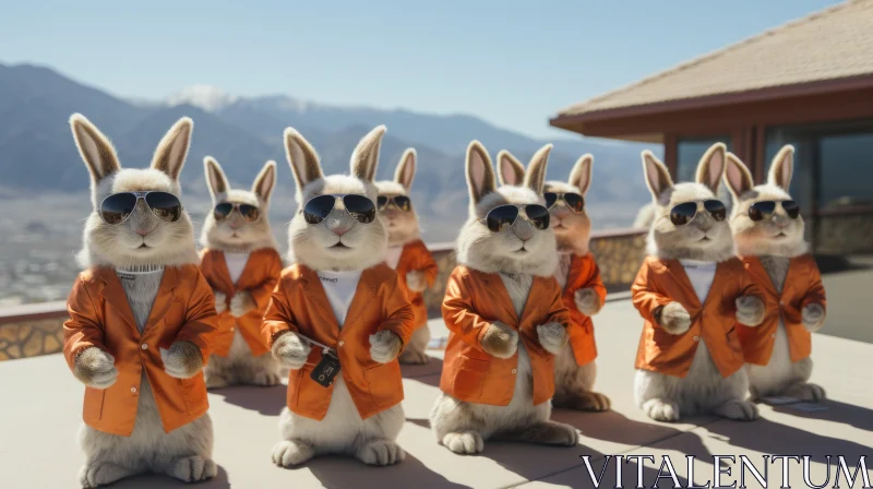 Stylish Rabbits in Suits Against Mountainous Backdrop AI Image