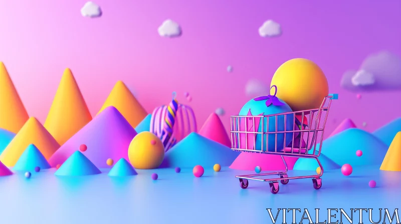 Surreal 3D Rendering of Shopping Cart in Whimsical Landscape AI Image