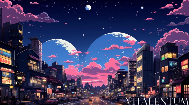 AI ART Surreal Imaginary Cityscape with Moons and Lively Streets