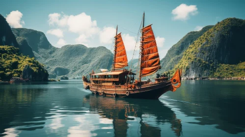 Traditional Wooden Junk Boat Sailing on Calm Lake