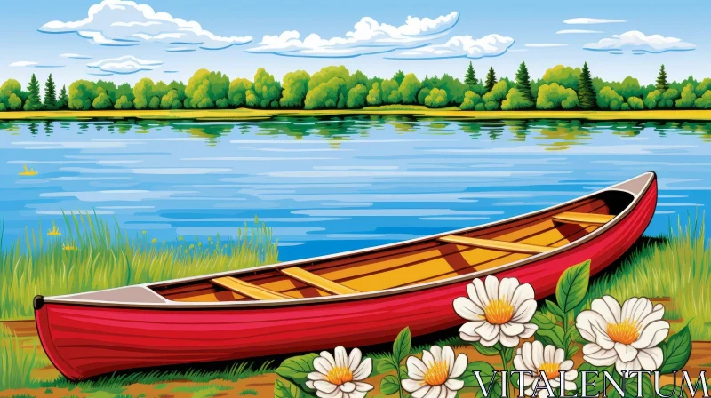 Tranquil Lake Scene with Red Canoe and Green Trees AI Image