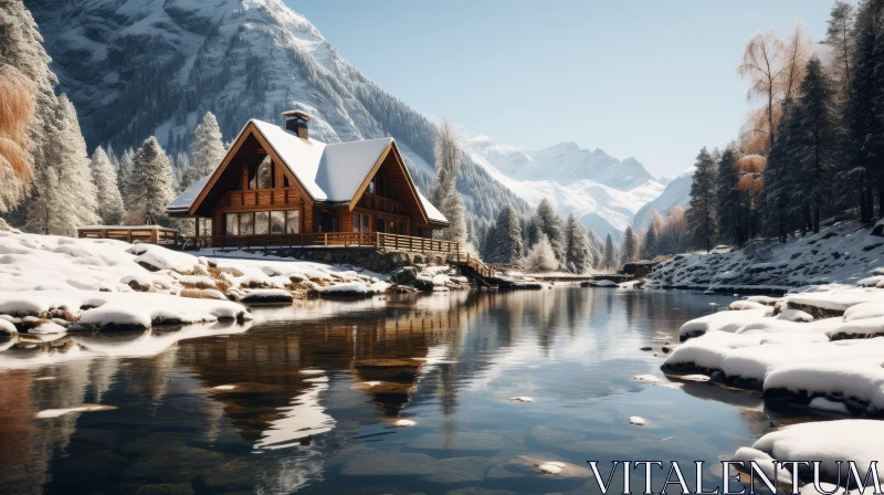 Winter Cabin Landscape: Snow, River, Mountains AI Image