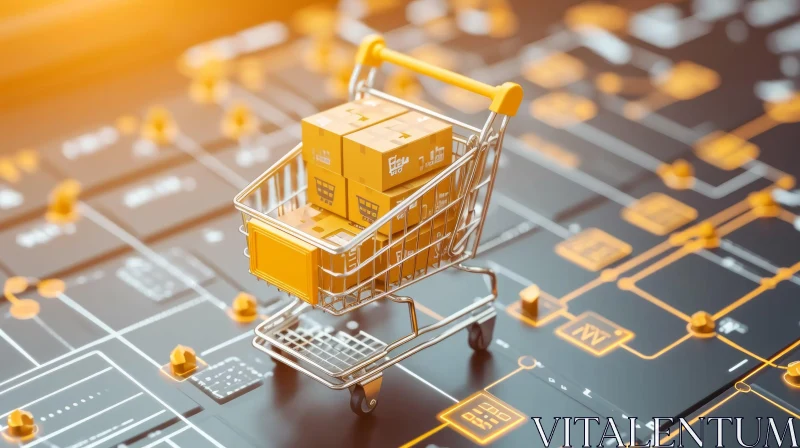 Yellow Shopping Cart with Cardboard Boxes - Futuristic Image AI Image