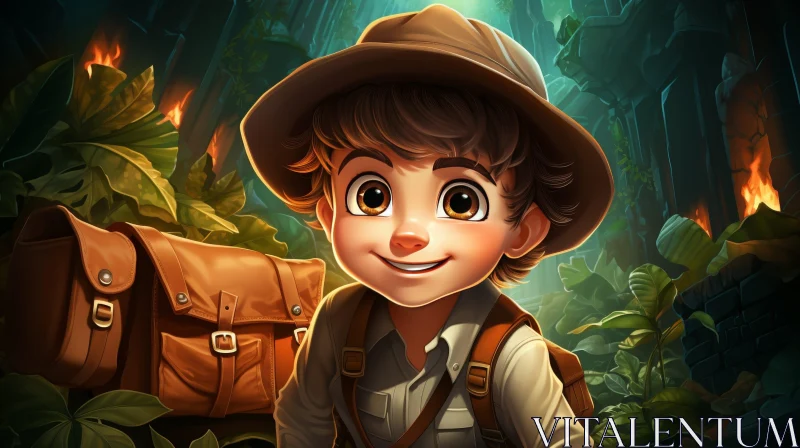 Young Boy Explorer in Jungle Cartoon AI Image