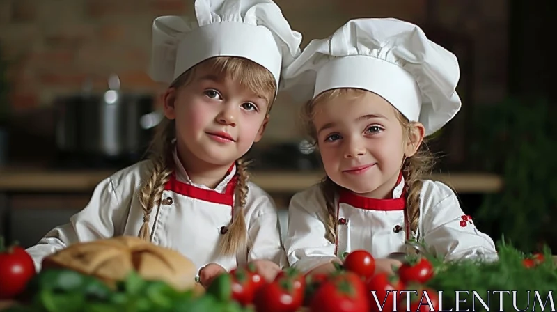Adorable Kitchen Scene with Two Little Girls in Chef Hats AI Image
