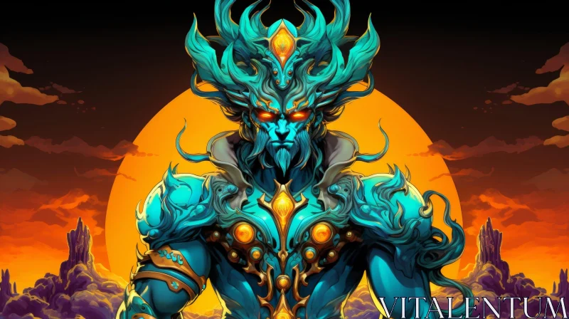 AI ART Blue-Skinned Demon Digital Painting with Glowing Moon