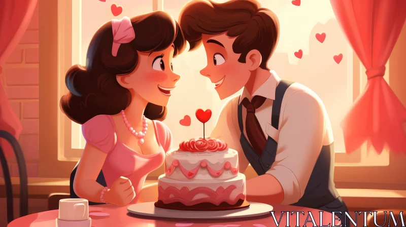 AI ART Cartoon Couple at Cafe with Cake