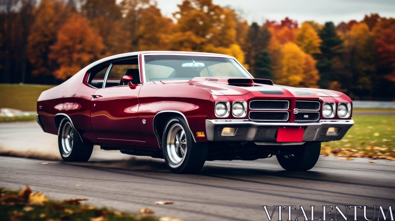 Classic Red 1970 Chevelle SS Driving on Autumn Road AI Image