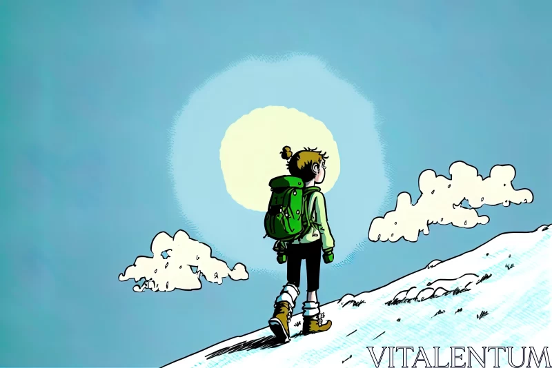 AI ART Comic Strip Style Art: Person on Hill with Green Sweater and Backpack