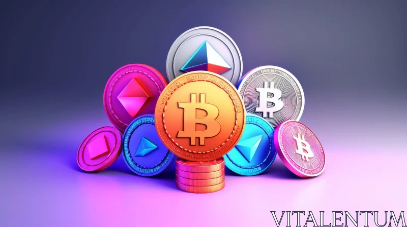 Cryptocurrency 3D Rendering: Bitcoin, Ethereum, Litecoin, Ripple AI Image