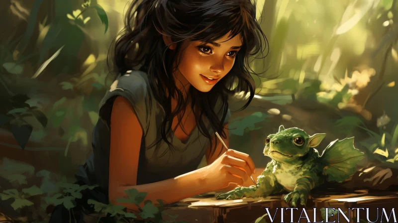 Enchanting Fantasy Artwork of Woman Painting Dragon in Forest AI Image