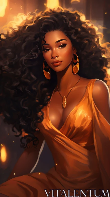 Golden Dress Woman Portrait on Dark Orange Background AI Image