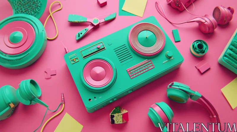 Green and Pink Retro Boombox Stereo System - Artistic Image AI Image