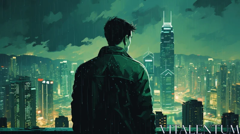 Lonely Man on Rainy City Rooftop AI Image