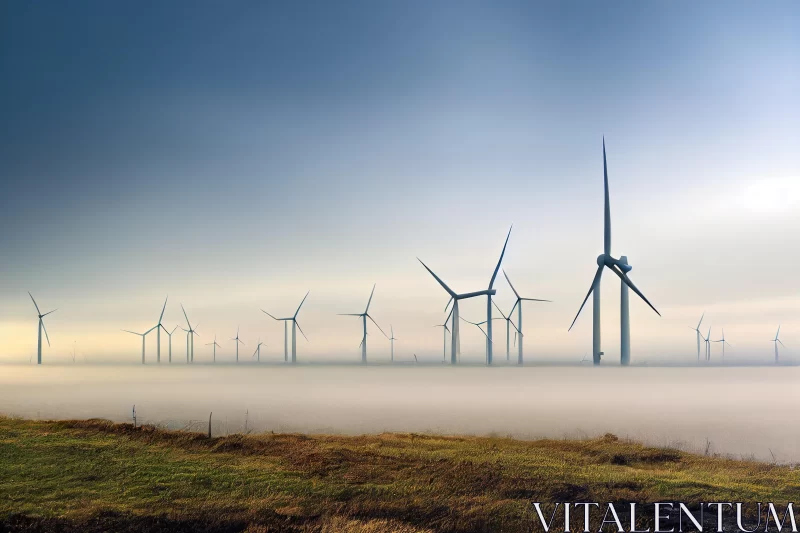 Mist-covered Field with Wind Turbines: A Captivating Natural Scene AI Image