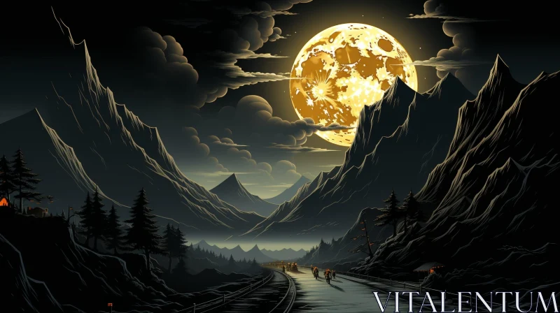 Moonlit Mountain Landscape with Train: A Mysterious Scene AI Image