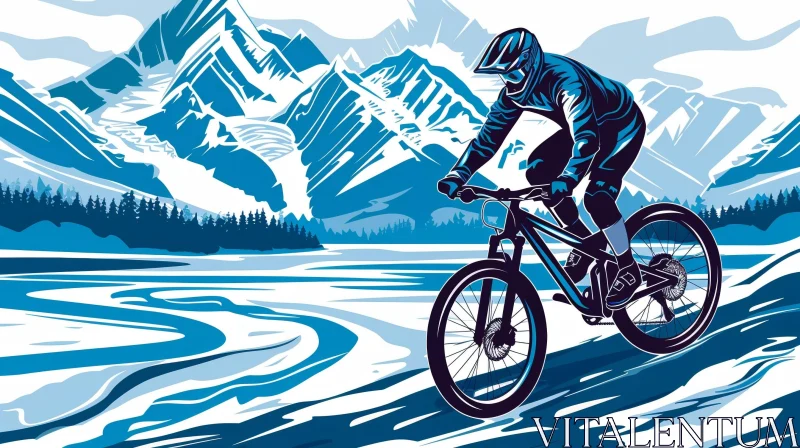 AI ART Mountain Biker Illustration on Snowy Mountain