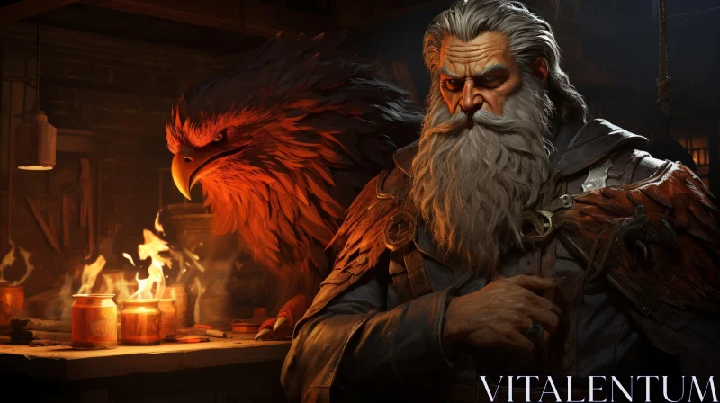 Mystical Painting of a Man with Red Eagle AI Image
