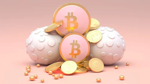 Pink and Gold Bitcoin Coin on Easter Eggs