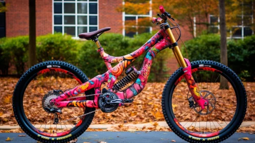 Pink and Purple Full-Suspension Mountain Bike on Paved Road
