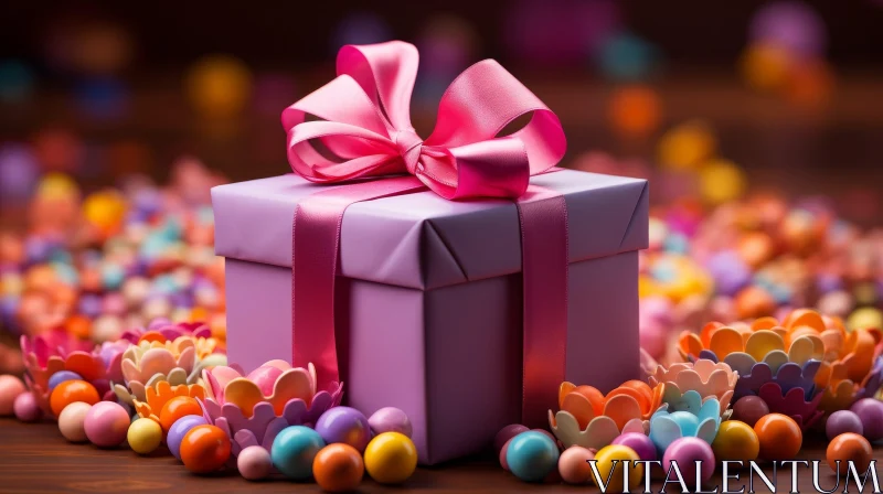 Pink Gift Box and Candy on Wooden Table AI Image