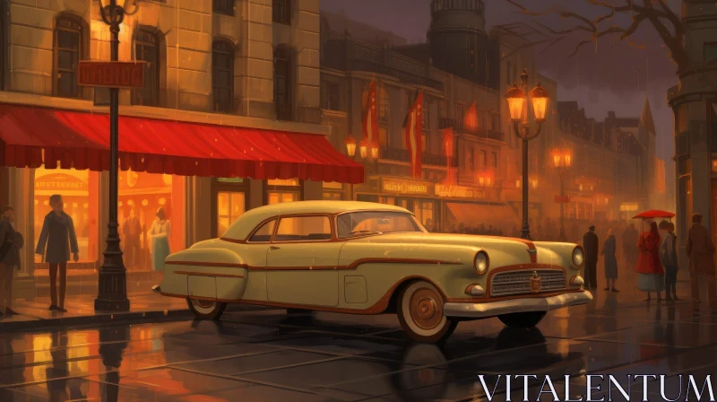 Rainy City Street Painting with Classic Car AI Image