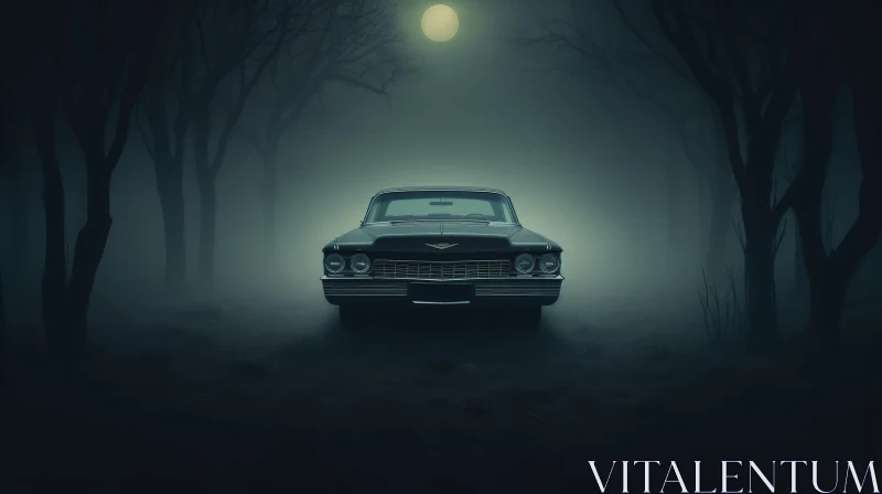 Rusty Classic Car in Dark Forest Moonlight AI Image