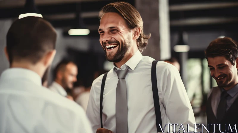 Smiling Young Man in White Shirt | Joyful Interaction AI Image