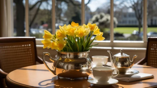 Sunlit Vintage Tea Set with Yellow Flowers in English Countryside
