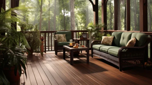 Tranquil Porch Setting with Wicker Chairs and Sofa