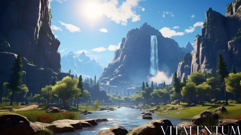 Tranquil Valley Landscape with Waterfall and Mountains AI Image