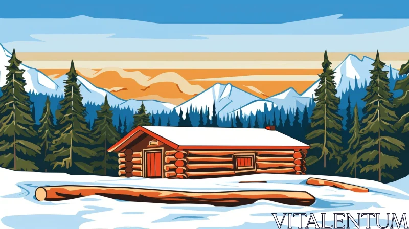 Tranquil Winter Landscape with Log Cabin AI Image