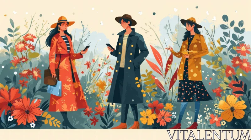Vector Illustration of People in a Field of Flowers AI Image