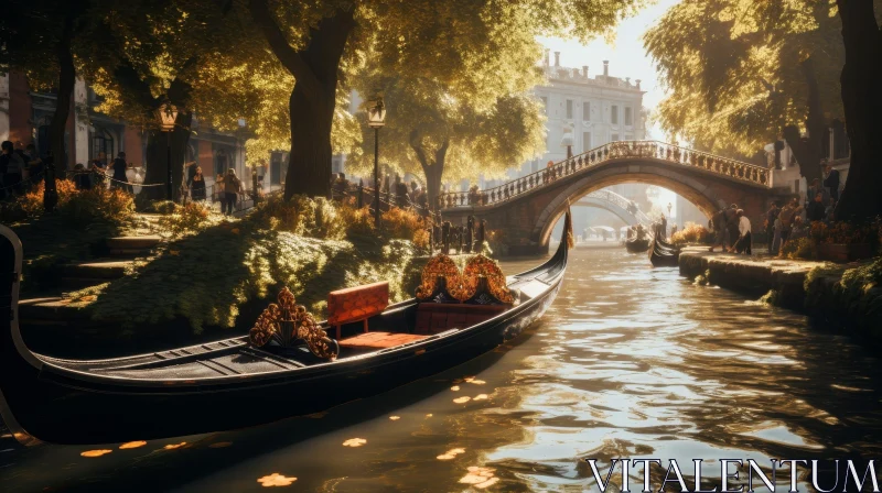 Venetian Gondola on Canal: Tranquil Waterway View AI Image