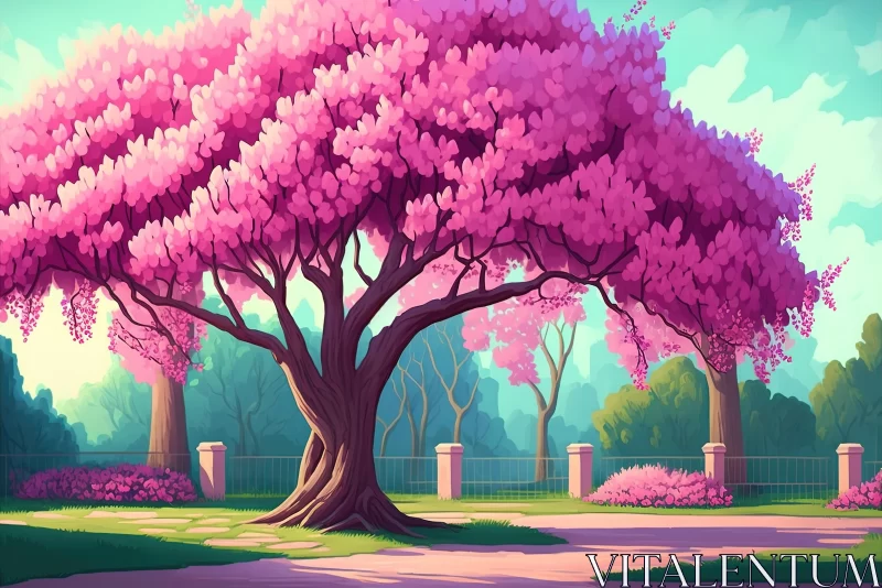 Vibrant Pink Tree Illustration in City Park | Cartoon Realism AI Image