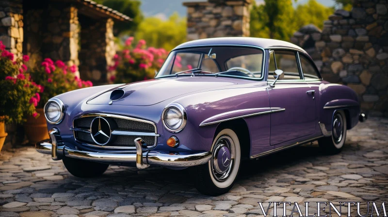 Vintage Purple Mercedes-Benz 220S on Cobblestone Street AI Image