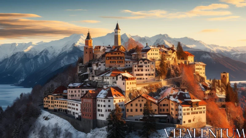 Winter Mountain Village Landscape AI Image