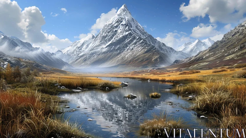 Breathtaking Mountain Landscape with Snow-Capped Peaks and Serene Lake AI Image