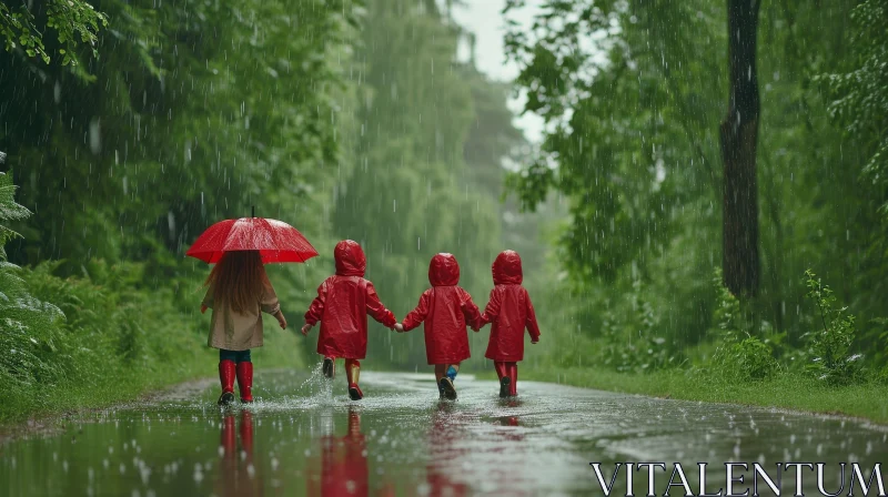 Children Walking in Rain with Red Umbrella AI Image