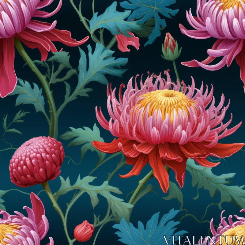 Chrysanthemum Pink Floral Seamless Pattern on Dark Blue Background AI Image