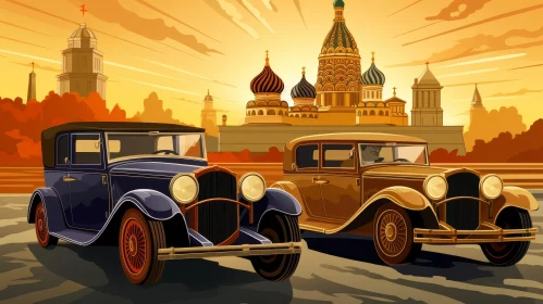 Classic Cars in Moscow Cityscape Digital Painting