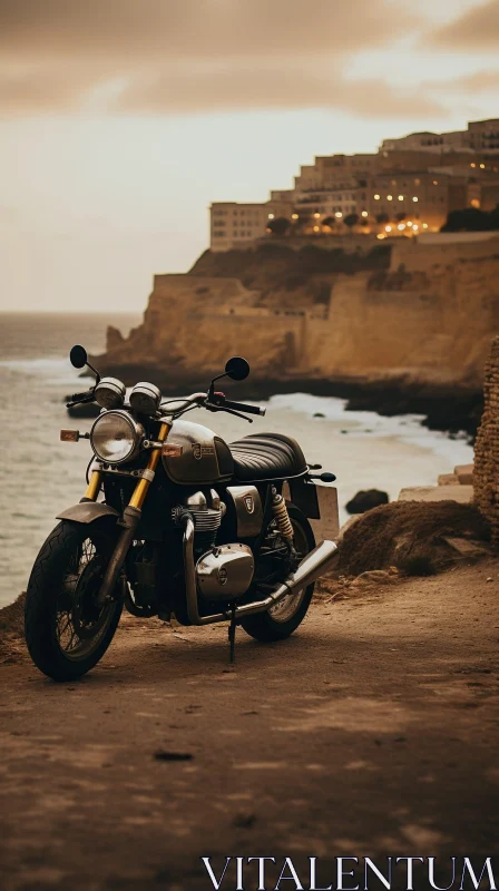 Classic Motorcycle on Cliffside Overlooking Ocean at Sunset AI Image