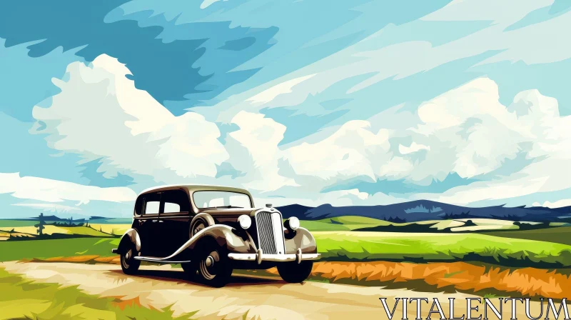 Classic Vintage Car in Rural Landscape AI Image