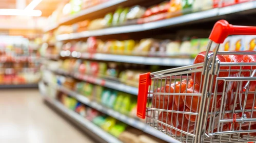 Colorful Shopping Experience: Red Bell Peppers in a Vibrant Supermarket