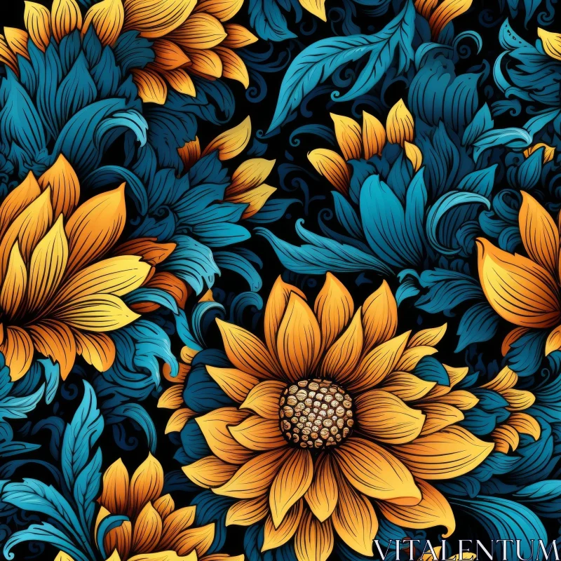 AI ART Dark Blue Floral Seamless Pattern - Vintage Design