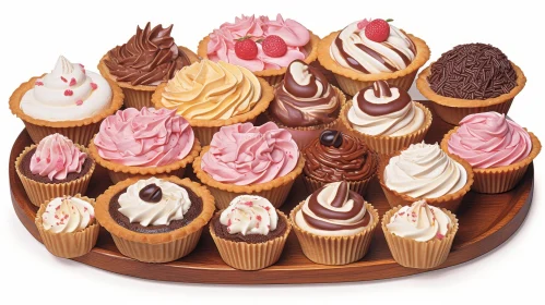 Delicious Cupcakes on Wooden Tray