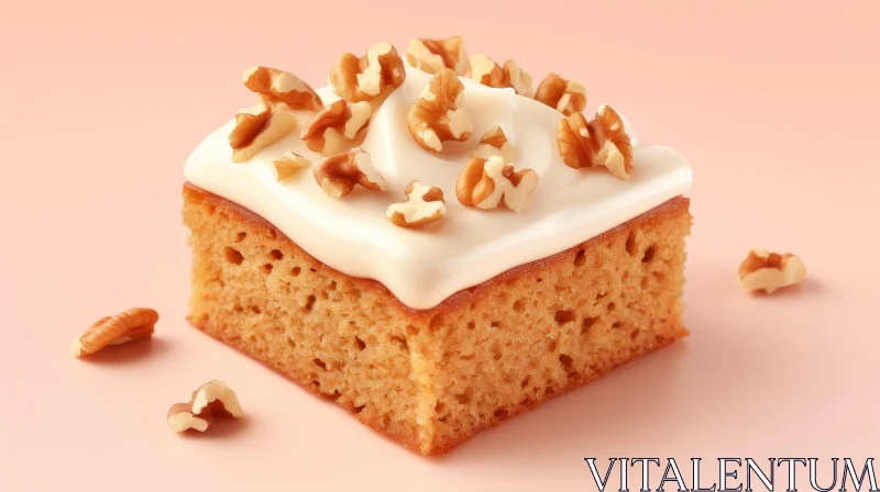 Delicious Square Cake with Icing and Walnuts on Pink Surface AI Image