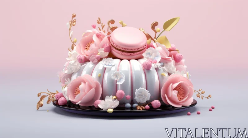 Elegant Floral Cake on Black Plate AI Image