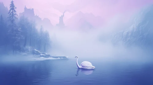 Enchanting Winter Landscape with Swan and Frozen Lake